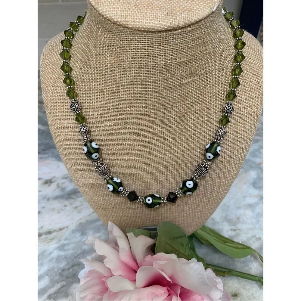 Olivine Green Crystals and Lampwork Beads Necklace #olive green #handmade